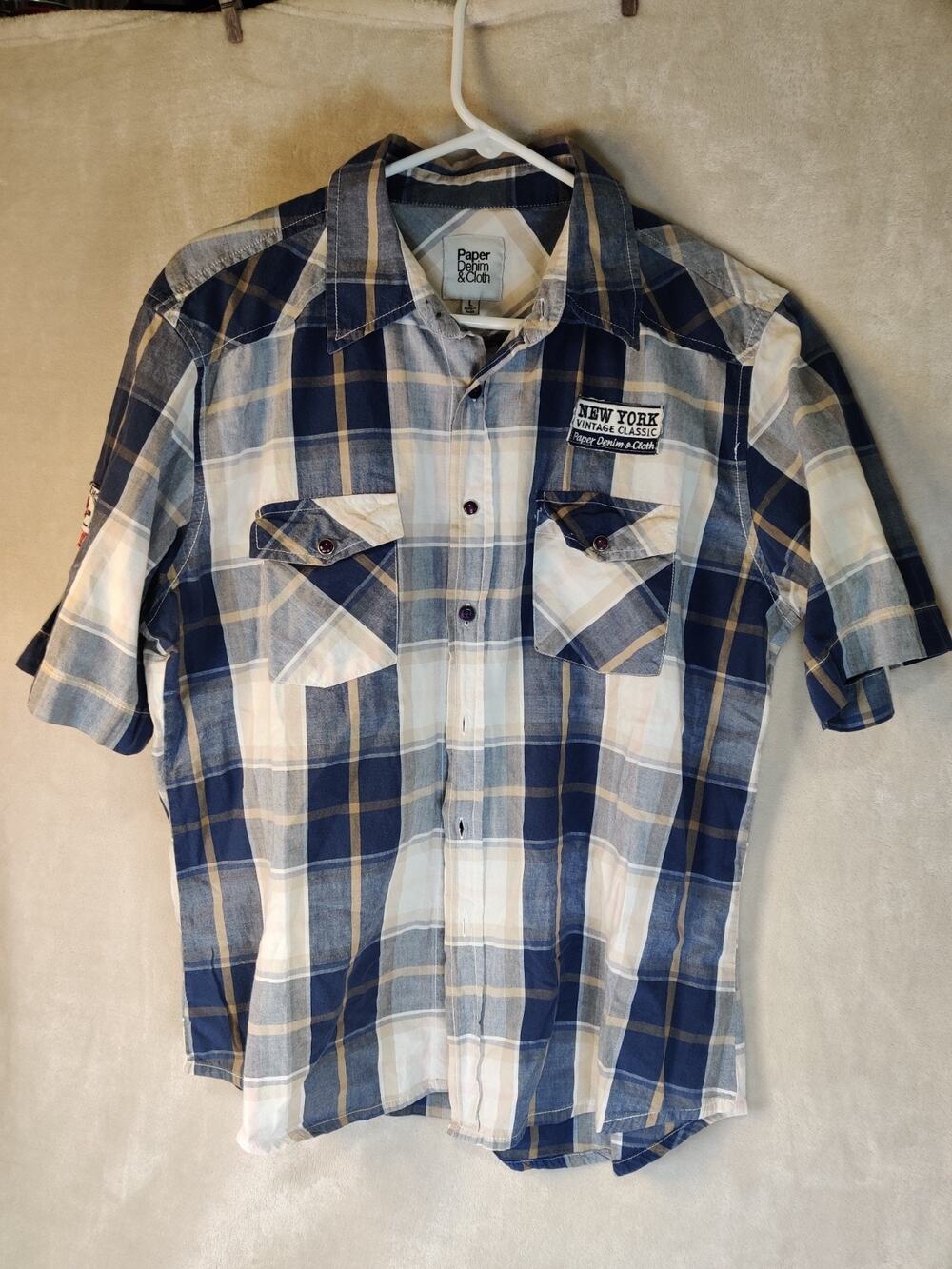 Paper Denim & Cloth Large Button Up Down Short Sleeve Blue Plaid Collard Shirt